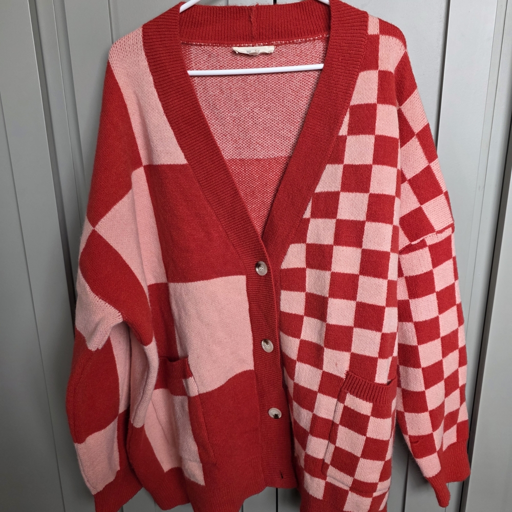 Red & Pink Checkerboard V-Neck Oversized Cardigan Sweater Size S/M